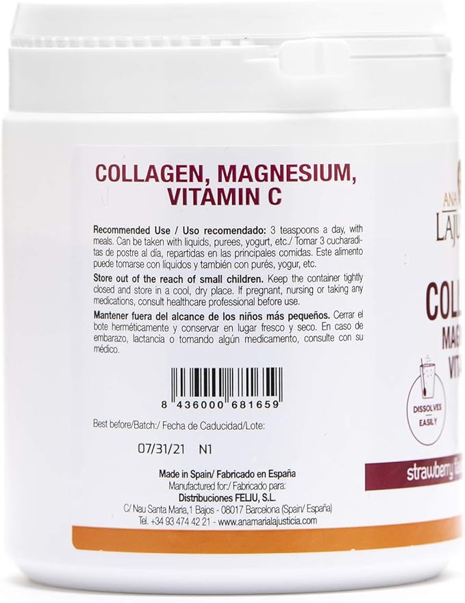 Ana Maria Lajusticia | Hydrolisate Collagen Powder with Magnesium and Vitamin C |for Healthy Skin, Nails, Hair and Ligaments | Natural Energy, Strawberry Flavour 350g