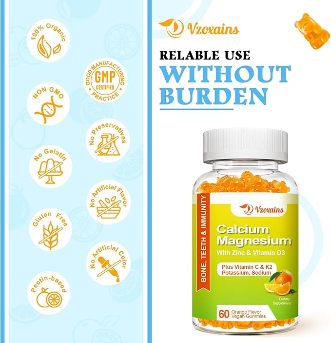 High Absorption Calcium Gummies, Sugar Free Calcium Magnesium Supplement with Potassium Vitamin D3 for Men and Women - Vegan, Orange Flavor 60 Cts