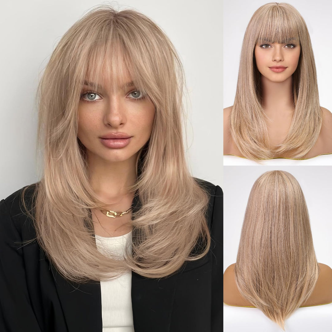 EMMOR Brown Wig With Bangs For Women Long Straight Wigs Synthetic Layered Hairstyle For Girls Party Cosplay And Daily Use(26" Ash Blonde)