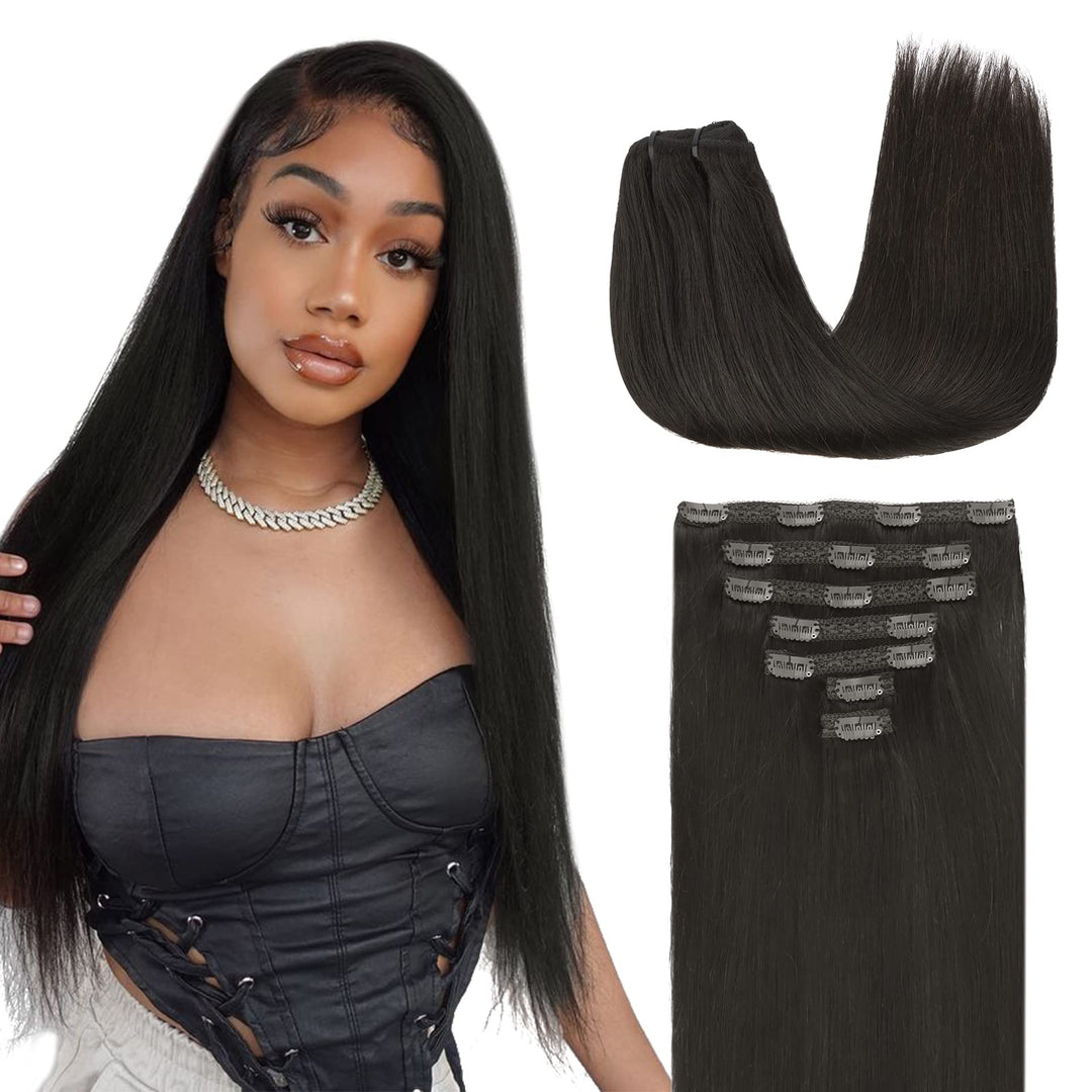 Lashey Clip In Hair Extensions Real Human Hair, 16 Inch #1B Natural Black 7Pcs 120G, Human Hair Clip In Extensions Black Human H