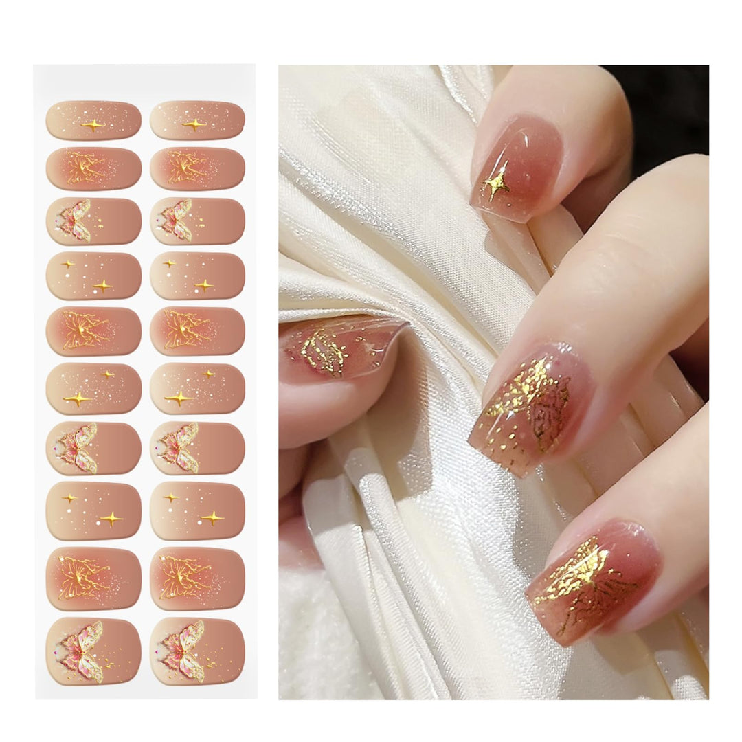 OAUEE Semi Cured Gel Nail Strips | 20 Gel Nail Stickers | Gel Nail Stickers With UV Light Required | Salon Quality, Easy Application And Removal（Golden Autumn Shines）