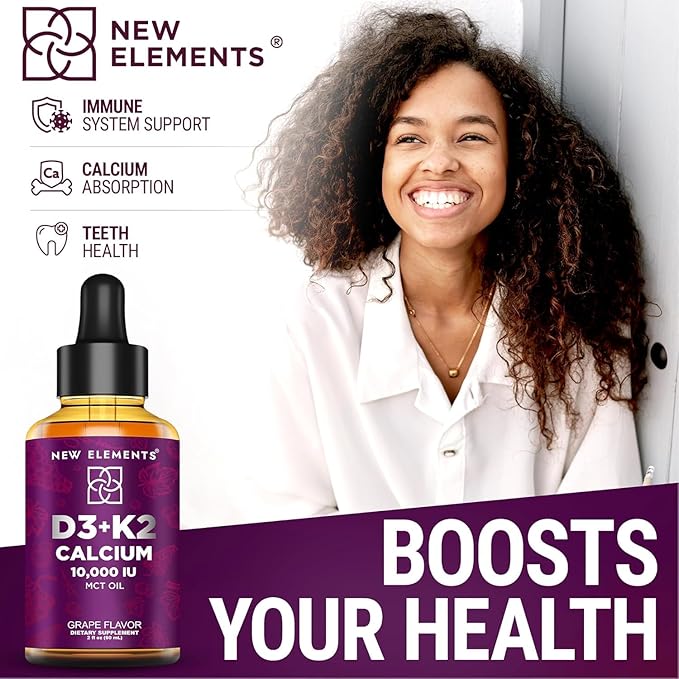 [2 𝐏𝐚𝐜𝐤] Liquid Vitamin D3 K2 Drops with Calcium for Adults | Vitamin D3 10,000 IU | D3 K2 with Calcium for Bone Health & Immunity Support | Joint Health Supplement | Non-GMO | Vegan