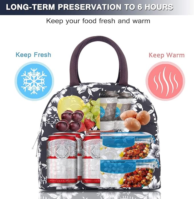 BALORAY Lunch Bag for Women Men Insulated Lunch Box for Adult Reusable Lunch Tote Bag for Work, Picnic or Travel (White Flower)