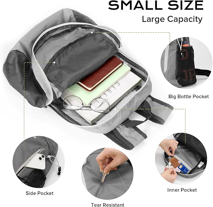 15L Water-resistant Hiking Daypack, Small Backpack Travel Outdoor, Lightweight Day Pack with Tool Loops