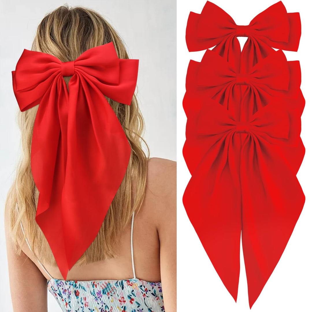 Velscrun Red Hair Bows for Women Girls, Silky Satin Large Coquette Bow Oversized Hair Ribbons Big Bows Clip, Long Tail Bowknot Hair Barrettes Halloween Christmas Hair Bow Accessories