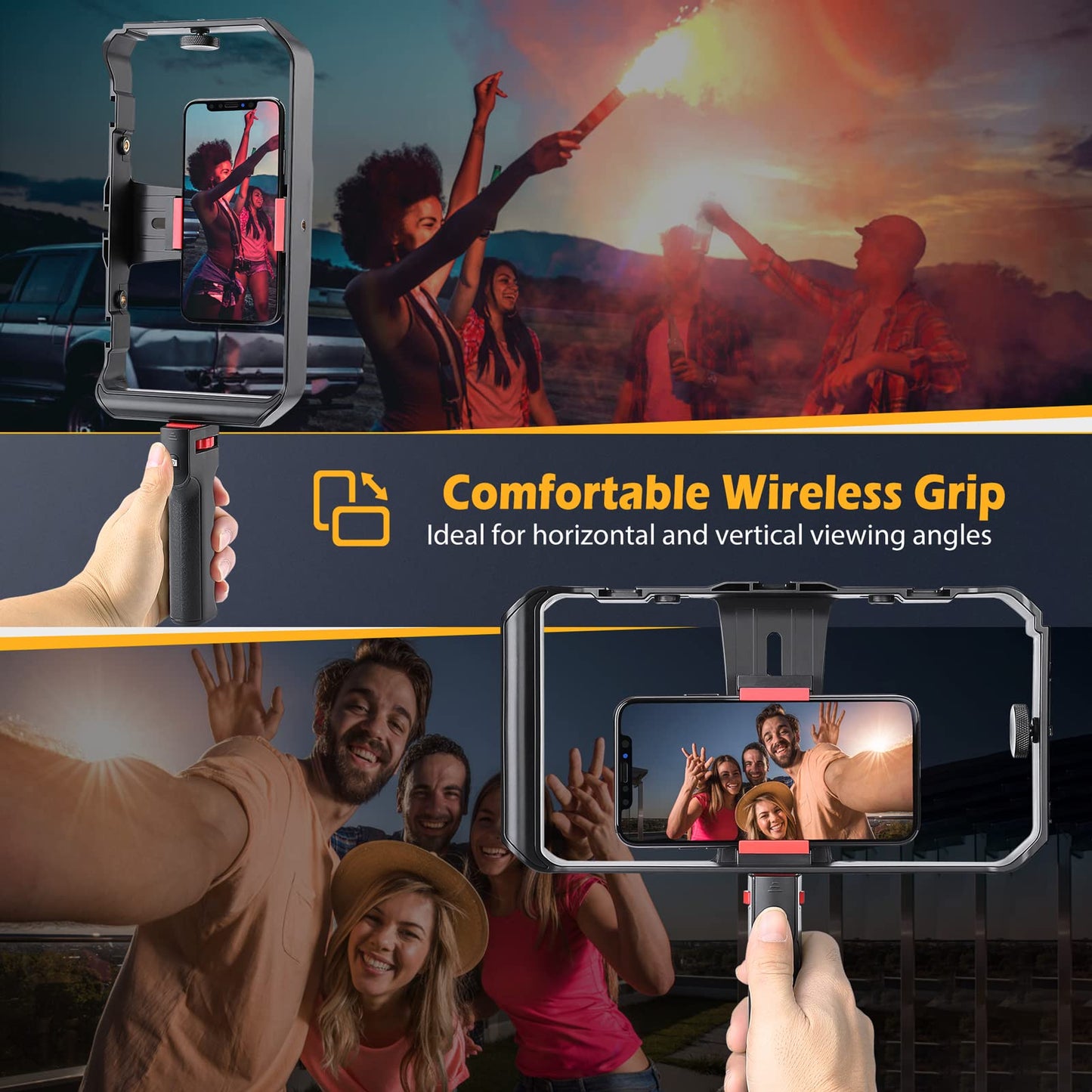 Zeadio Smartphone Video Rig, Wireless Grip Stabilizer Cellphone Tripod Mount Holder with Remote Shutter, Fits for All iPhone and Android Smartphones