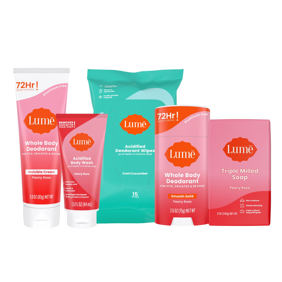 Lume Whole Body Deodorant For Women & Men - Starter Pack - Solid Stick, Invisible Cream Tube, Acidified Body Wash Mini & Deodora