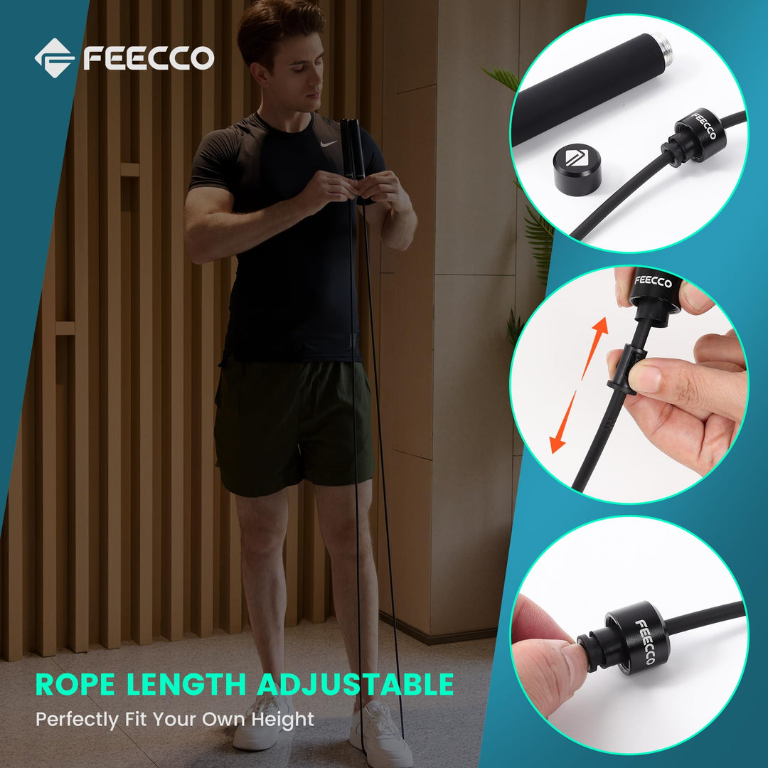 FEECCO FITNESS 1/2 lb Weighted Jump Rope for Boxing, Cardio, Crossfit Workout, 8~11ft Range Adjustable Length Steel Ropes with Ball Bearings and Metal Handles, Suitable for Men and Women