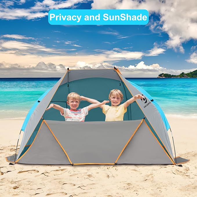 Beach Tent 2-3 Person Sun Shelter UPF 50+ with Extended Waterproof Pe Floor & 3 Mesh Roll Up Windows Fits, Portable Beach Shade Easy Setup for Outdoor Camping, Indoor, Fishing, Yard. (Blue)