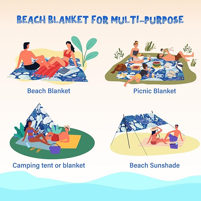 Beach Blanket Waterproof Sandproof 1-7 Adult Oversized 78 '' × 110 '' Lightweight Durable Compact Sand Free Beach Mat for Travel Camping Hiking Picnic Blanket Extra Large