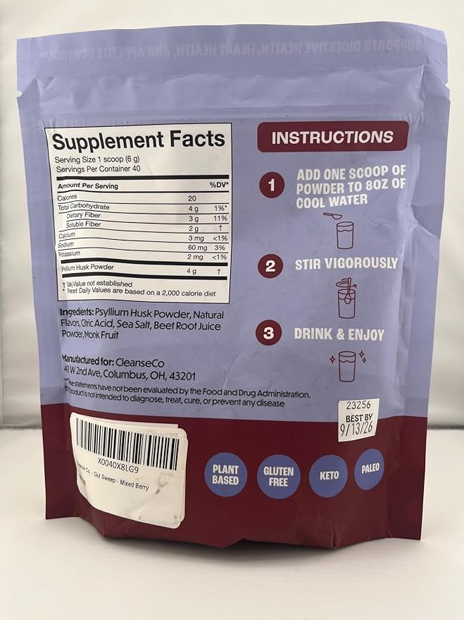 Gut Sweep - Daily Digestion Supplement - Psyllium Husk Fiber - Supports Appetite Control - Gluten Free & Plant Based - Keto & Paleo Friendly - 40 Servings - Mixed Berry