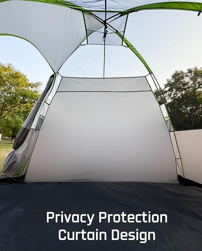 8 Person Larger Extended Dome Camping Tent with 3 Rooms, Waterproof Semi-Freestanding Family Outdoor Tent with Spacious Interior and Mesh Windows