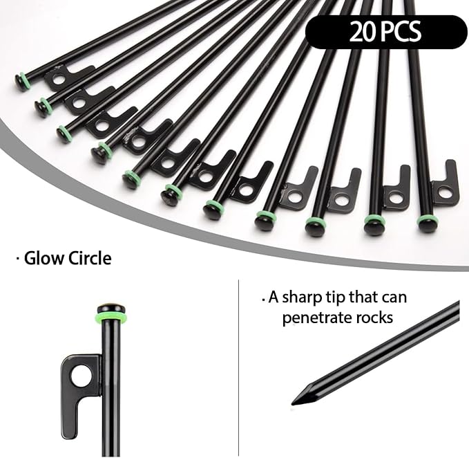 12Inch Heavy Duty Tent Stakes,20 PCS Tent Pegs Metal+Fluorescent Silicone Rings+ Storage Bag for Camping (20pcs)