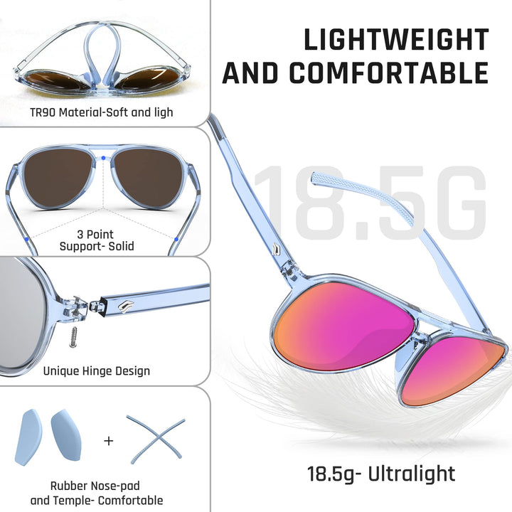 TOREGE Aviator Sunglasses Polarized Sunglasses for Men Women, Lightweight Sports Sun Glasses UV Protection For Fishing Boating Beach Golf Driving TR75(Crystal Blue Grey&Blue Grey&Pink Lens C15)