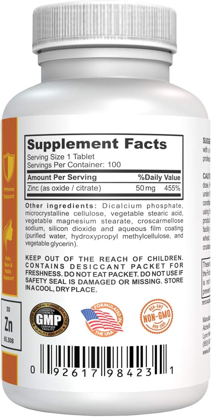 AlcheVita Zinc 50mg – High Bio-Availability – Essential Trace Mineral – Supplement for Immune Support, Bones, Skin & Muscle Support