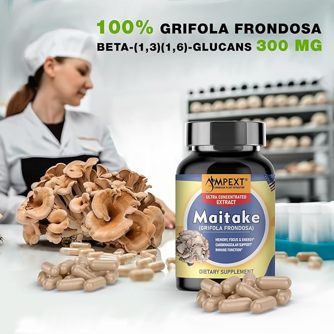 Maitake Mushroom Extract - Premium Quality, Only Fruiting Bodies, Source of Beta-Glucans, Heart & Cardiovascular Welness, Vitality & Resilience, Memory Booster, Immune Support, 90 Veg Caps.