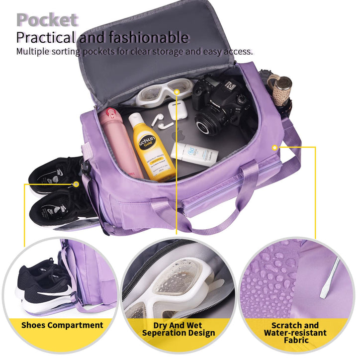 FIORETTO Women's Water-Resistant Gym Duffle Bag with Shoes Compartment, 37L Capacity, Multi-Functional, Ideal for Travel, Gym, Sports, Weekender, Purple