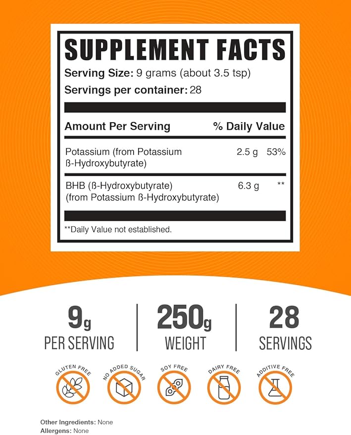 BulkSupplements.com Potassium BHB Powder - Beta-HydroxyButyrate Powder, BHB Supplement - Unflavored & Gluten Free, 9g per Serving, 250g (8.8 oz) (Pack of 1)
