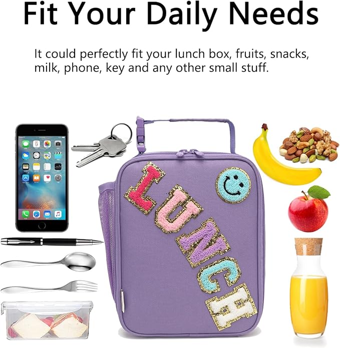 Insulated Lunch Bag for Women Girl Teen large Insulated Kid Lunch Bag,Large Reusable Cute Cooler Bag for School Work Picnic,Purple Alphabet