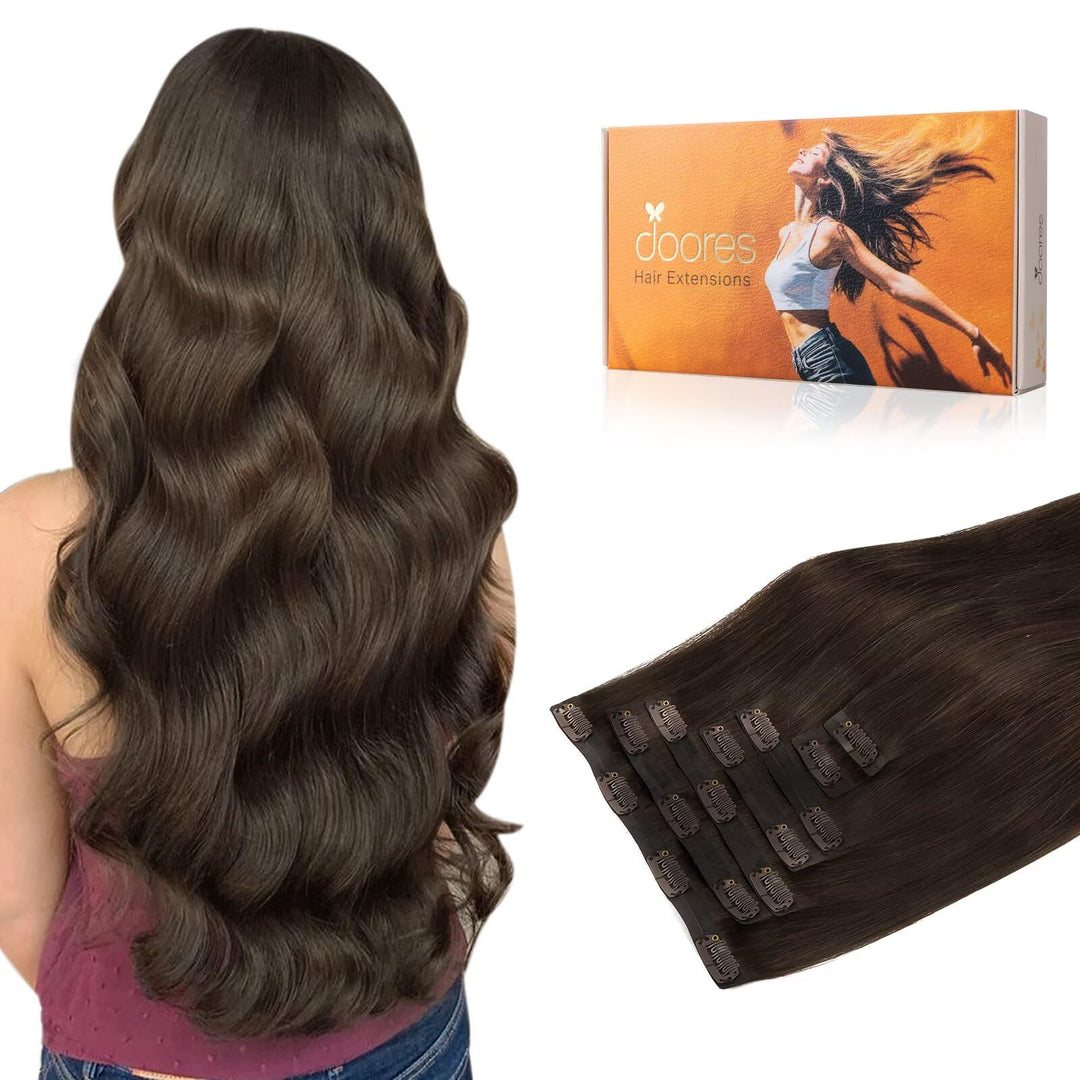 Doores Seamless Clip In Hair Extensions Real Human Hair, Light Dark Brown 150G 7Pcs 20 Inch Virgin Clip In Hair Extensions, Invi