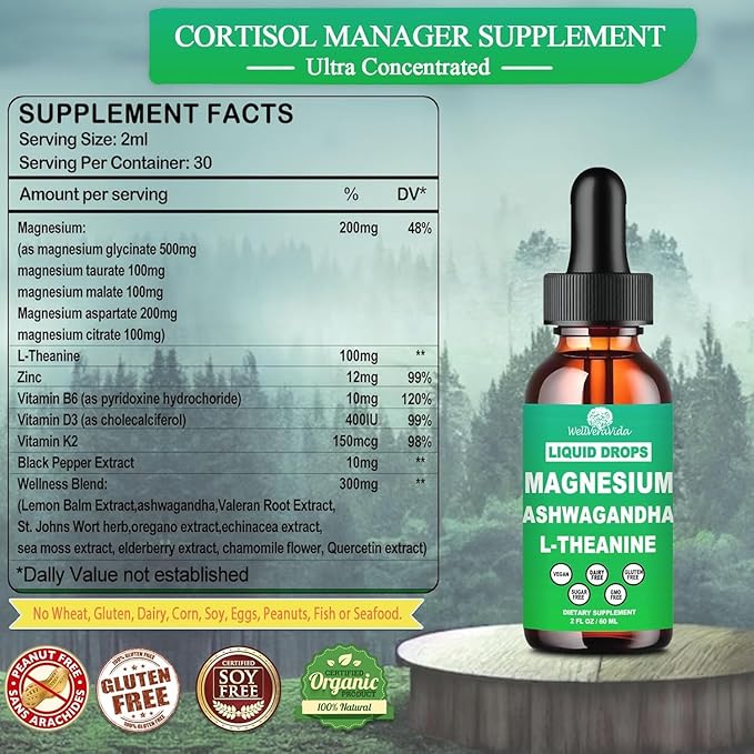 Cortisol Supplements for Women & Men, Cortisol Calm Detox Manager Reducer w. Magnesium Ksm-66 Ashwagandha L-Theanine Vitmain D3 K2 B6, Cortisol Liquid Drop for Recess Mood & Hormone Balance, Lemonade