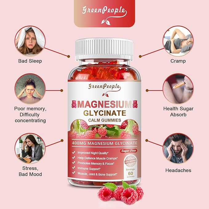 Magnesium Glycinate Gummies 400mg - Sugar Free Magnesium Potassium Supplement with Magnesium Malate, Vitamin D, B6, and CoQ10 for Calm Support & Sleep for Adults - Raspberry Gummies