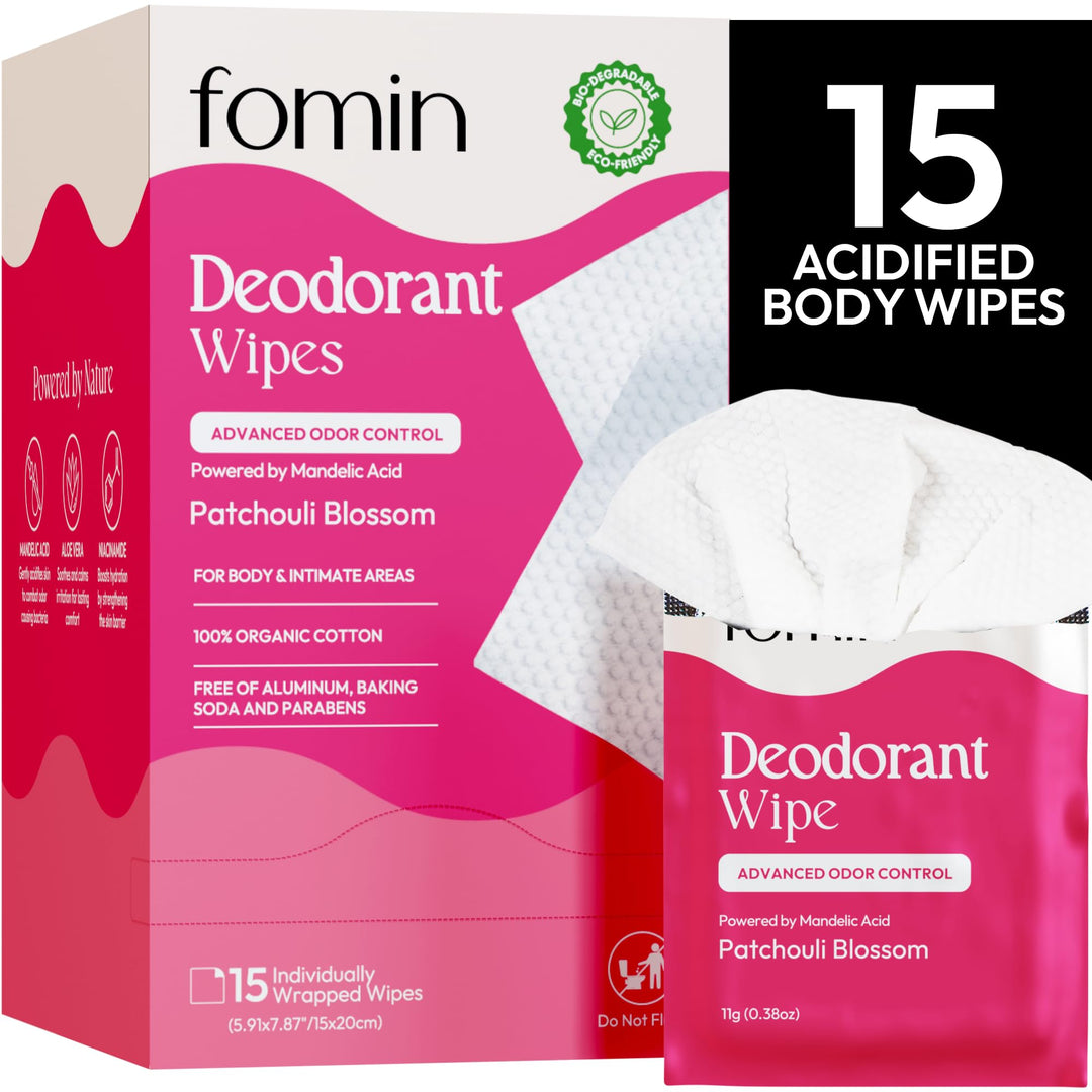 Fomin Acidified Travel Deodorant Wipes For Women & Men - 15 Count - Patchouli Blossom - pH Balanced, Mini Deodorant Travel Size Underarm Body Wipes - Plastic-Free, Individually Wrapped