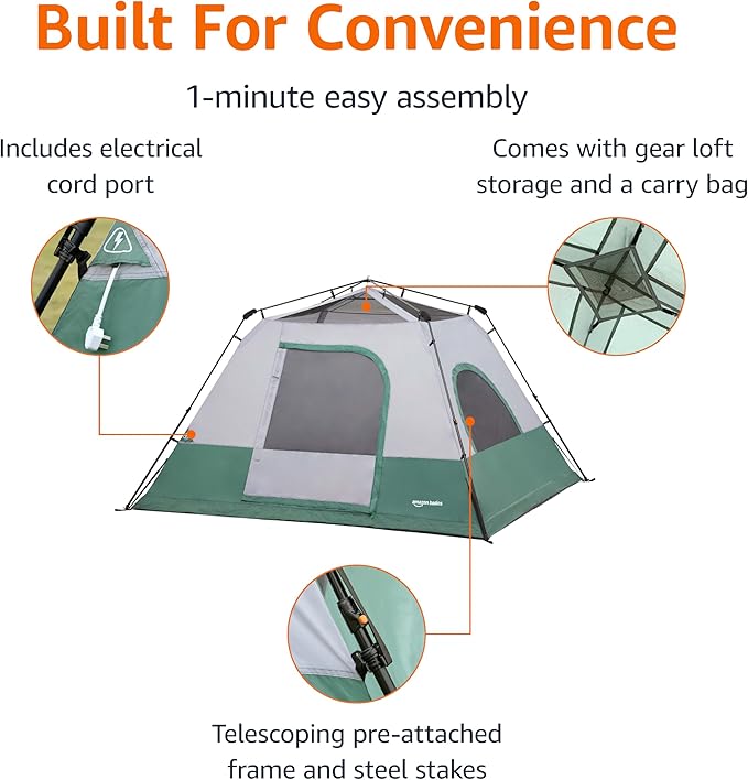 Amazon Basics Instant Camping Tent with Rainfly, Weather-Resistant, Quick Setup
