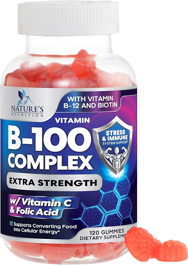 Super B Complex Gummy with Vitamin C & Folic Acid, Extra Strength Vitamin B Gummies Supplement with Niacin, B6, Folic Acid, B12, Biotin, Nature's Energy Immune Support Supplements - 120 Gummies