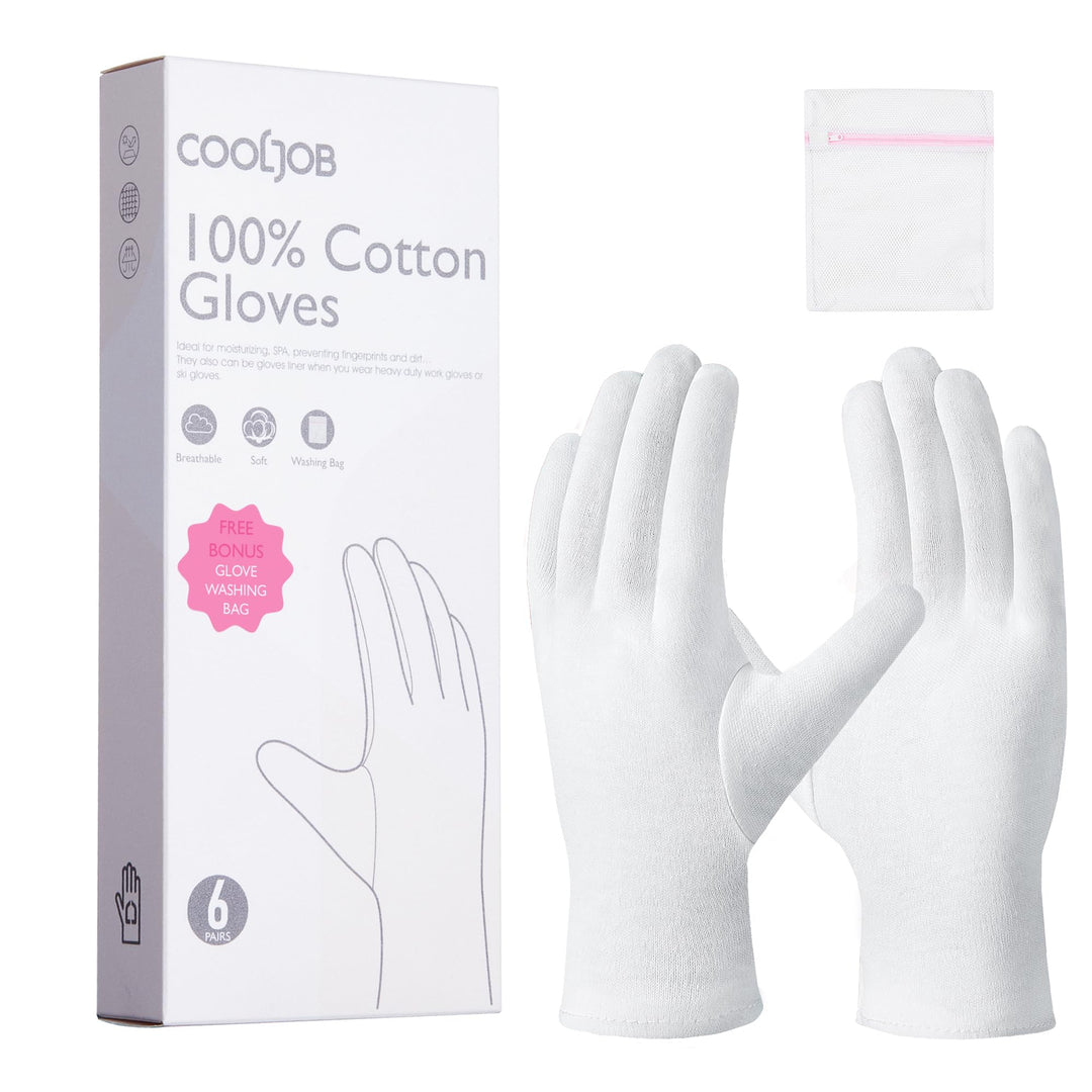 COOLJOB 100% Cotton Gloves, 6 Pairs White Cotton Gloves for Dry Hands Moisturizing & Eczema, Overnight Lotion, Sleep & Spa Treatment for Women & Men, Breathable Work Glove Liners, Medium Size