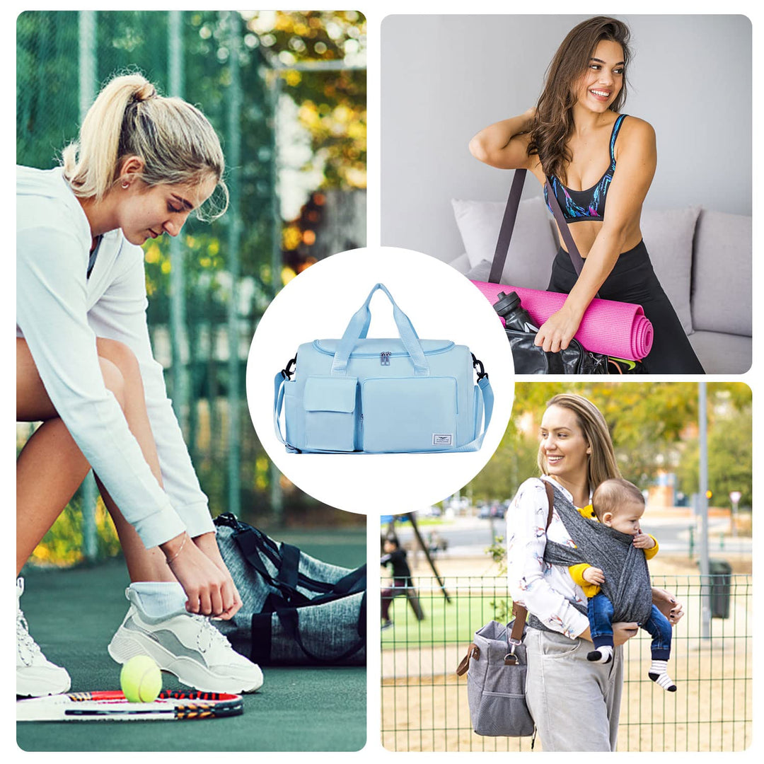 FIORETTO Women's Water-Resistant Gym Duffle Bag with Shoes Compartment, 37L Capacity, Multi-Functional, Ideal for Travel, Gym, Sports, Weekender, Light Blue
