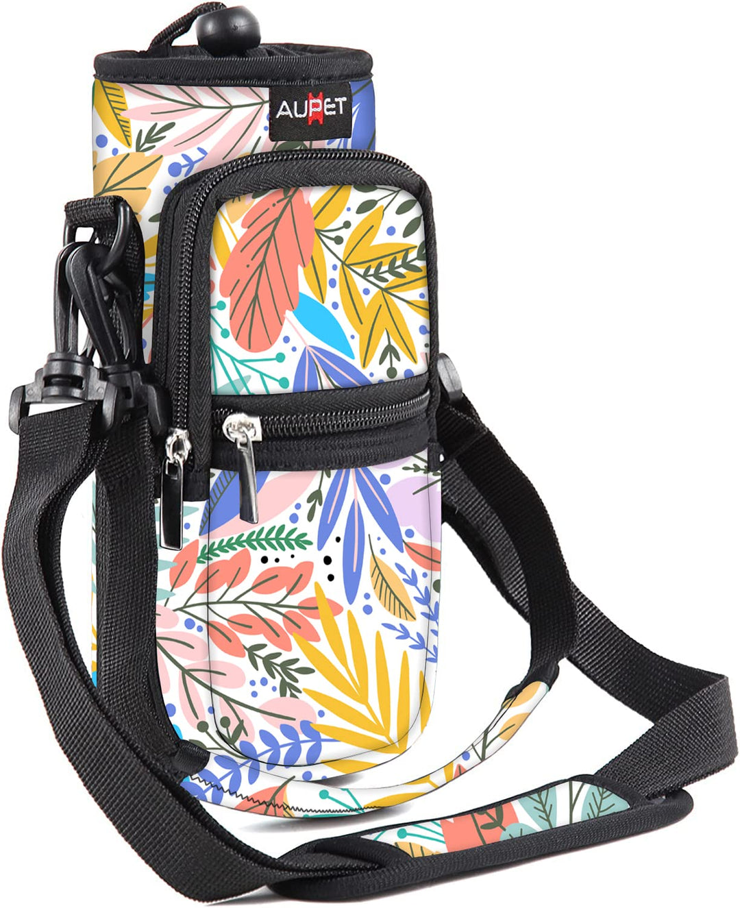 AUPET Water Bottle Sling Bag Sleeve Holder Carrier 25/32/40/64 oz,Insulated Crossbody Water Bottle Case Cover with Strap and Pockets for Men/Women Walking Hiking Camping (25oz, yellow leaves)