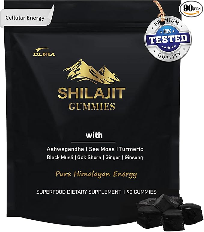 Shilajit Gummies with Ashwagandha, Turmeric - Organic, Zero Sugar & Vegan-Friendly Himalayan Shilajit for Men & Women - Energy, Calm, Cortisol, Sleep, Immune Support & Overall Health