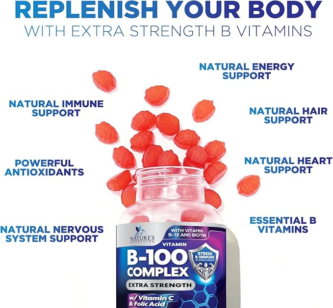 Super B Complex Gummy with Vitamin C & Folic Acid, Extra Strength Vitamin B Gummies Supplement with Niacin, B6, Folic Acid, B12, Biotin, Nature's Energy Immune Support Supplements - 120 Gummies