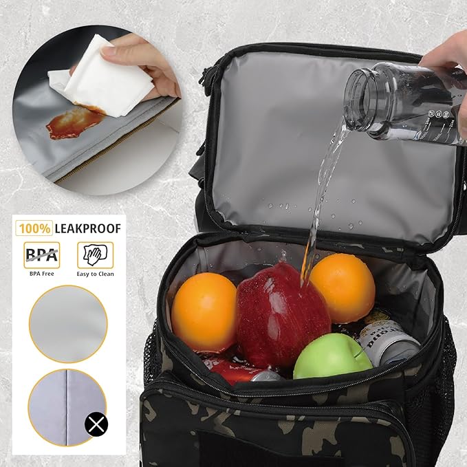 ATRIPACK 2 Compartment Lunch Bag for Men Adult, Tactical Lunch Box Leakproof Insulated Large Cooler Bag for Work with Adjustable Shoulder Strap Flag Double Layer Lunch Pail（Camo-Black）