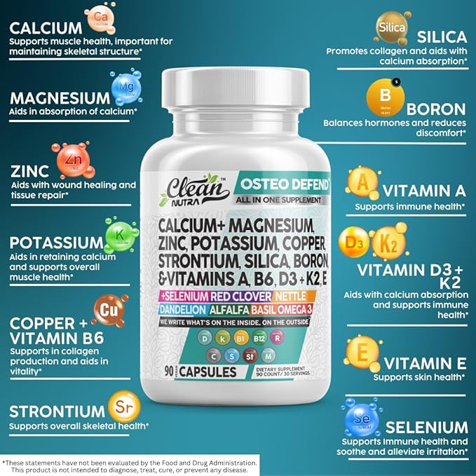 Clean Nutraceuticals Calcium Magnesium Zinc Supplement with Potassium, Copper, Strontium, Silica, Vitamin D3 K2, Boron, Vitamin B1 B12 Red Clover Herb Alfalfa Basil Pills for Men & Women Osteo Defend