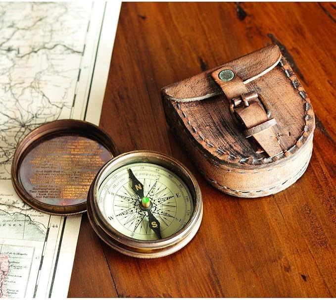 Antiqued Brass Poem Compass with Leather Case
