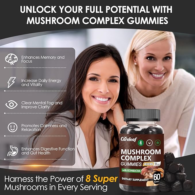 9 in 1 Mushroom Gummies with Lion's Mane for Focus Supplement and Energy Supplements to Support Immune System De-Stress Boost Mood & Energy 60 Count Kombucha Flavor