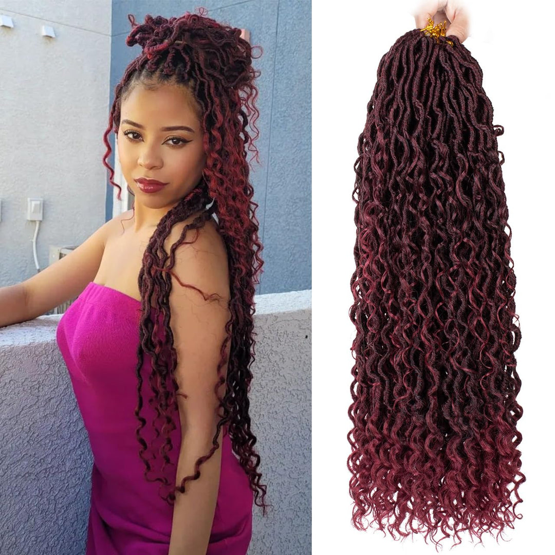 Zrq 8 Packs Burgundy Goddess Locs Crochet Hair 24 Inch Ombre Boho Faux Locs, Pre Looped Hipple Locs Curly Soft Locs Red River Lo