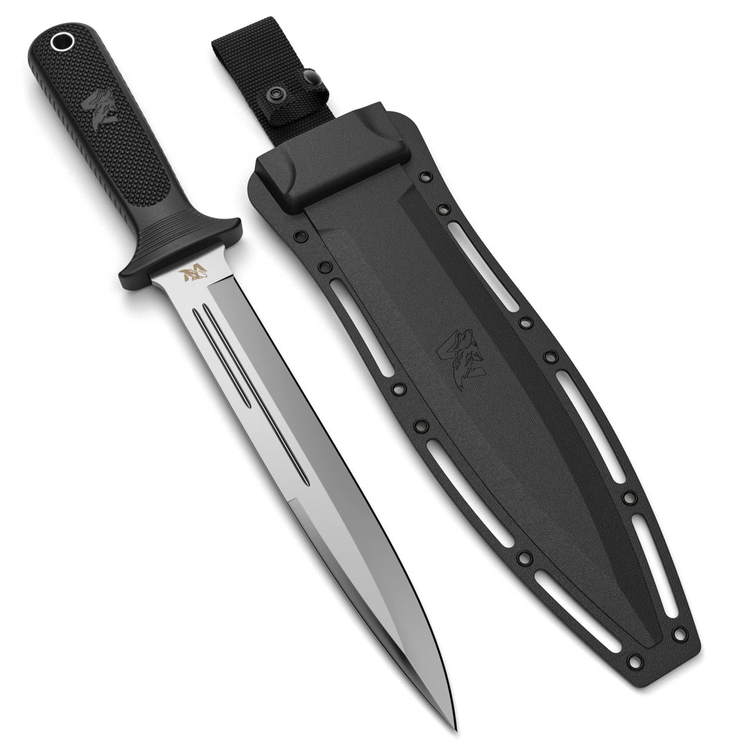 ODENWOLF W-Catcher Fixed Blade Knife with Sheath - Large Hunting Knife made of D2 steel - Big Fixed Blade Double Edge Knife with Non-Slip TPE Handle - Full Tang Survival Knife for Outdoor Activities