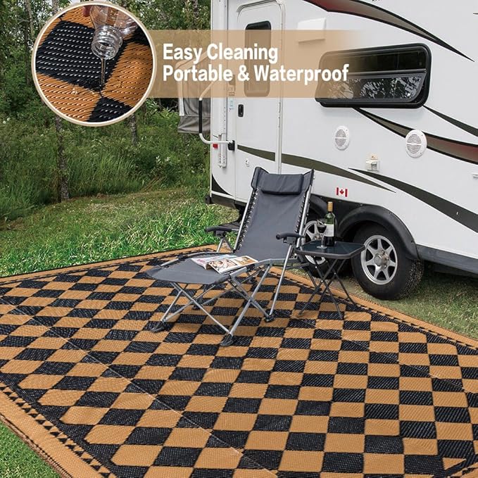 Outdoor Waterproof Rug 6'x9' Plastic Straw Rugs Washable Reversible Floor Mat Brown Plaid Carpet for Camping RV Deck Entryance Porch Picnic Balcony Beach Backyard