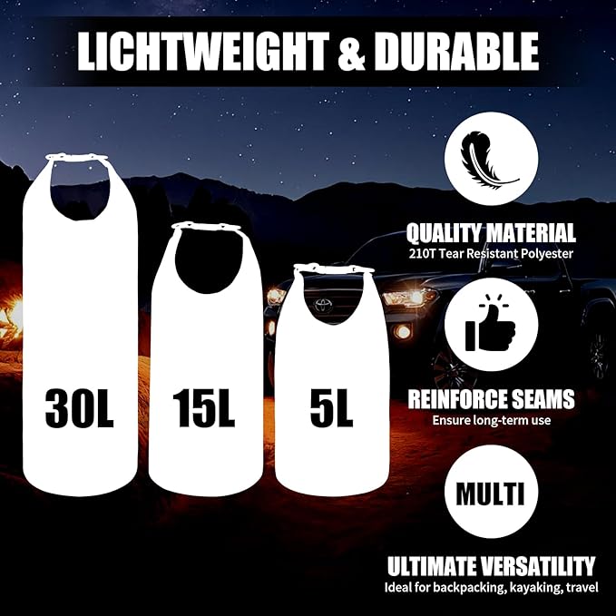 3-Pack Waterproof Dry Bag - 5L/15L/ 30L Ultralight Dry Sack Lightweight Roll Top Outdoor Accessories, Portable Clothes Wash Bag, Keep Gear Dry for Boating Swimming Camping Kayaking Beach