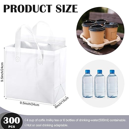 300 Pcs Insulated Take Away Bags Bulk Thermal Insulation Food for Coffee Milk Tea Hot Cold Food Fresh Seafood Cooler Pizza Delivery Bags for Catering Restaurant Grocery (White)