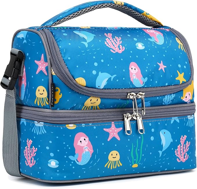 FlowFly Double Decker Cooler Insulated Lunch Bag Large Tote for Boys, Girls, Men, Women, With Adjustable Strap (Blue-Mermaid)