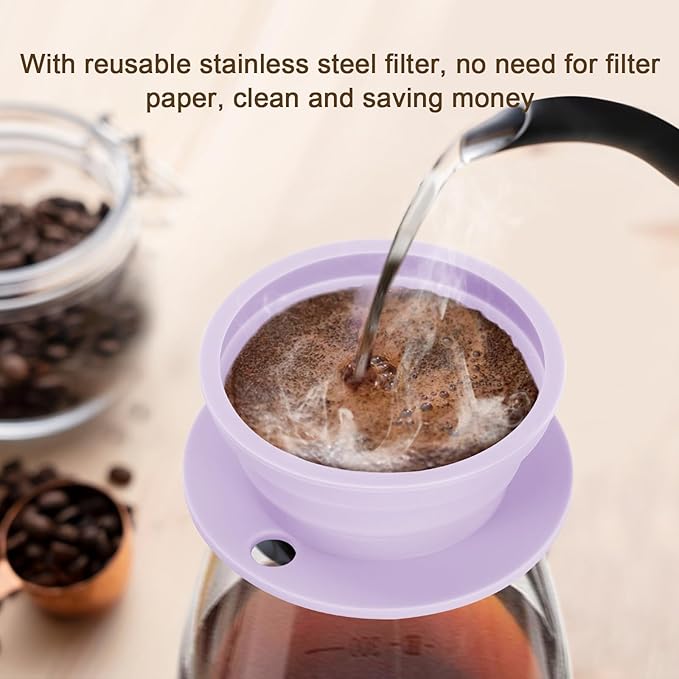 Collapsible Paperless Pour Over Coffee Maker with Stainless Steel Mesh Filter, Silicone Camping Coffee Maker Pour Over for 1~2 Cup, Reusable Collapsible Travel Pour Over Coffee Dripper (Purple)