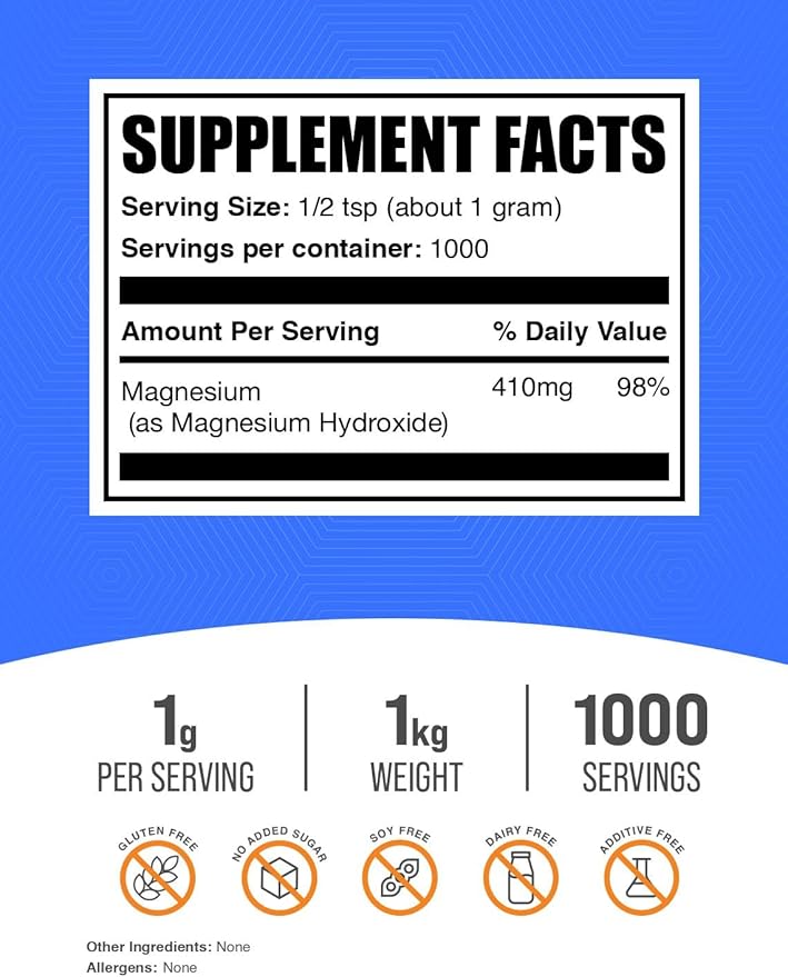 BulkSupplements.com Magnesium Hydroxide Powder - Magnesium Supplement, Food Grade Magnesium Hydroxide, Magnesium Hydroxide Supplement - 1000mg (410mg of Magnesium) per Serving, 1kg (2.2 lbs)