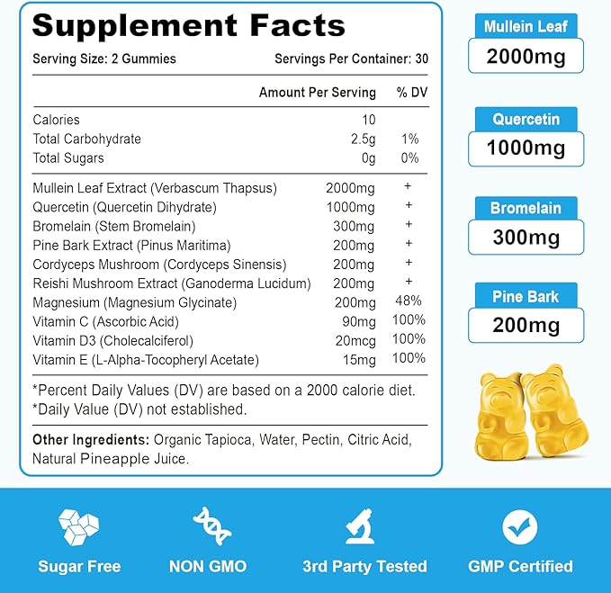 Mullein Gummies, Mullein Leaf Extract for Lungs Gummies with Bromelain, Quercetin, Magnesium - Lung Detox & Cleanse, Pineapple Flavor, 120Cts