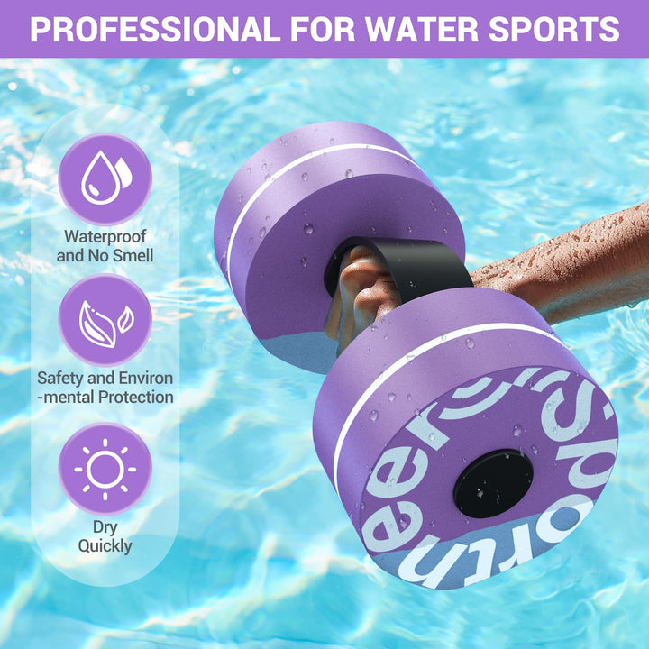 Sportneer Aquatic Exercise Dumbbells Water Weights Water Dumbbell Aerobics Workouts Set of 2 EVA Foam Pool Weights Dumbbells Set Aqua Fitness Barbells Equipment, Purple White