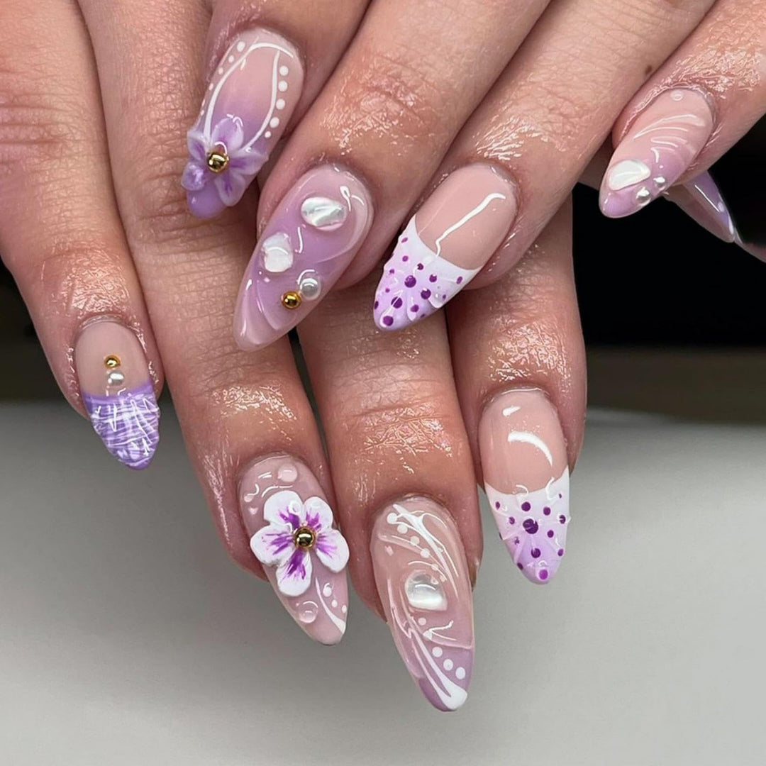 Purple Flower Press on Nails French Tip Fake Nails Medium Almond False Nails with Pearl Design Spring Glue on Nails Artificial Acrylic Nail Nude Stick on Nails for Women Girls Manicure 24Pcs