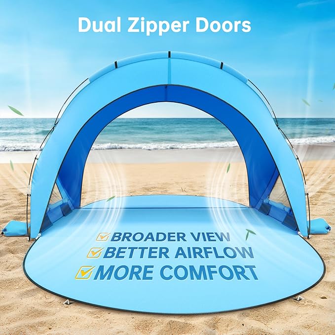 Beach Tent Sun Shelter, Beach Shade Tent with UPF50+ UV Protection, Beach Sun Shelter, Beach Shade with 2 Zippered Doors, Portable Beach Tent for Beach Camping Fishing